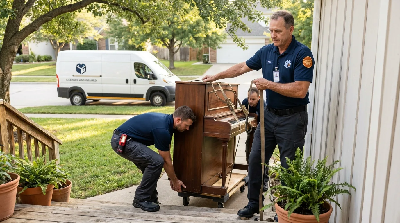 Licensed piano movers securing grand piano in Smithsburg, MD