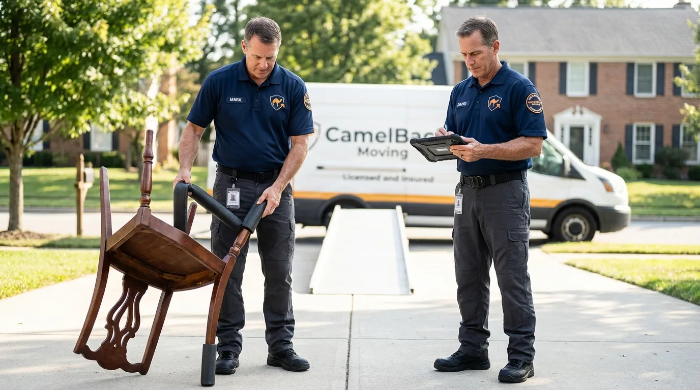Movers inspecting furniture for damage prevention before loading in Smithsburg, MD