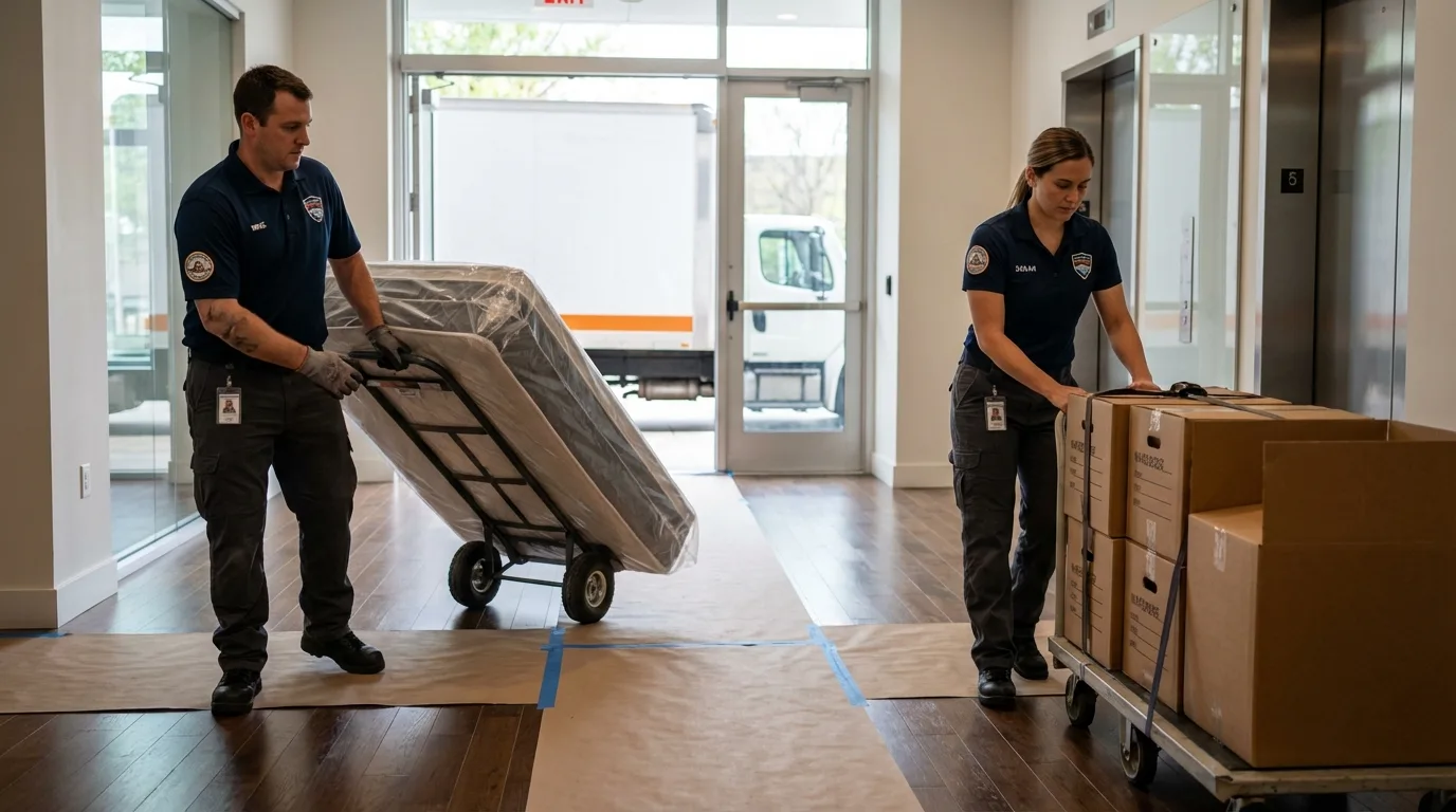 Professional apartment movers loading elevator in Smithsburg, MD