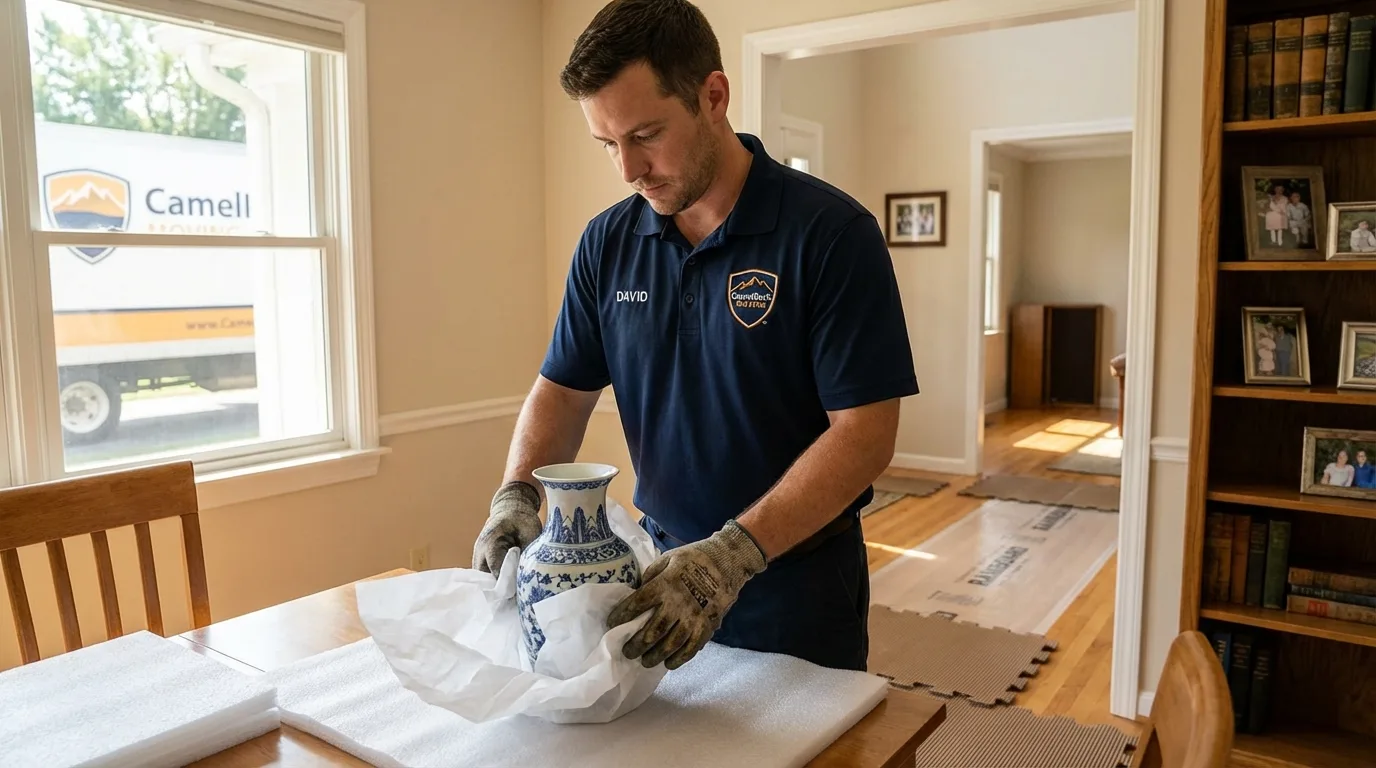 Professional crew carefully wrapping antique vase for senior downsizing move in Smithsburg, MD